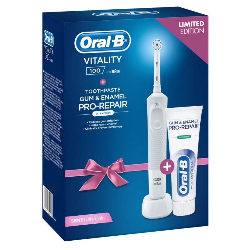 Oral-B Vitality D100 White Sensitive elektrický kartáček + zubní pasta