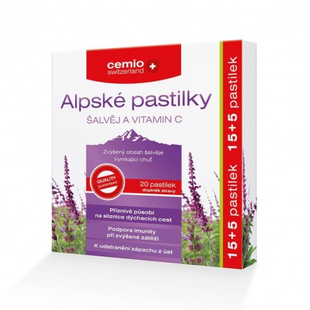 Cemio Alpské pastilky ŠALVĚJ A VITAMIN C 15+5 pastilek