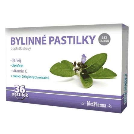 MEDPHARMA Bylinné pastilky šalvěj + ženšen + vitamin C bez cukru 36 ks