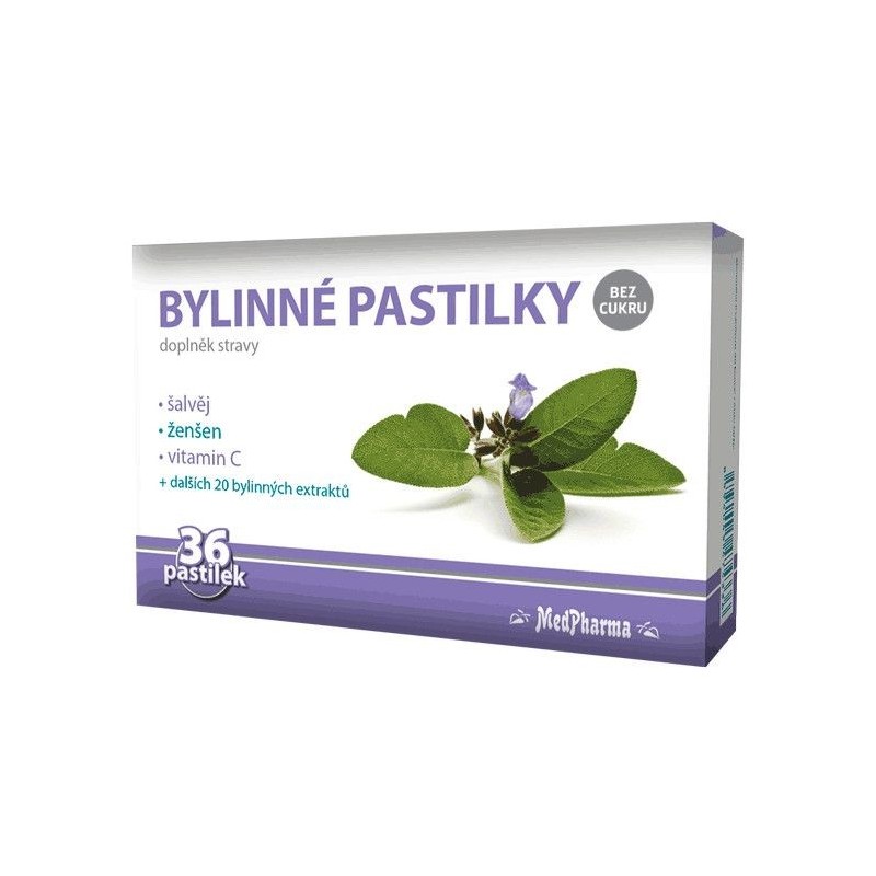 MEDPHARMA Bylinné pastilky šalvěj + ženšen + vitamin C bez cukru 36 ks