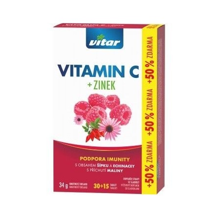 VITAR Vitamin C + zinek s příchutí maliny 30 + 15 tablet