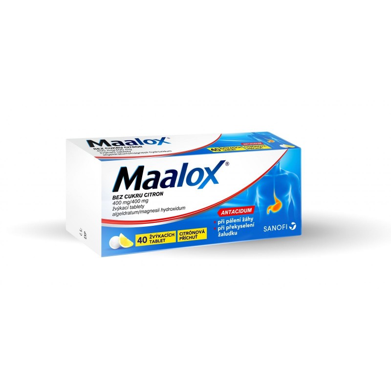 Maalox bez cukru citron 400 mg/400 mg 40 žvýkacích tablet