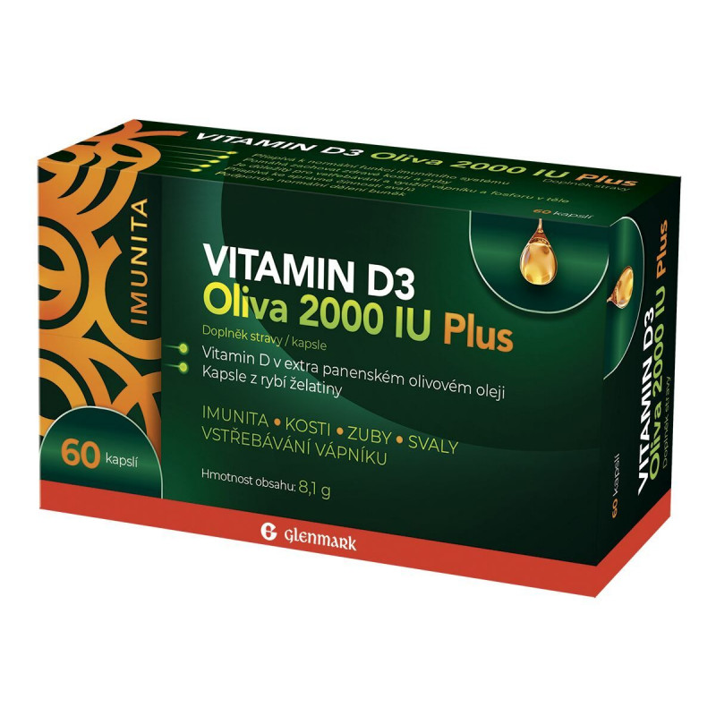 GLENMARK Vitamin D3 oliva 2000 IU plus 60 kapslí